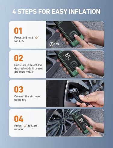 Astroai L7 Air Tyre Spelator ضاغط الهواء المحمول ، 150psi مضخة لاسلكية كهربائية مع تضخم سريع لمدة 1 دقيقة ، إغلاق السيارات ، ضوء LED-قابلة للشحن للسيارة ، سيارات الدفع الرباعي ، دراجة نارية ، إطارات الدراجة (الأخضر) in Kuwait