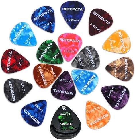 18 حزمة تختار الغيتار السليلويد مع صندوق تخزين منظم وحالة حامل ، 6 سماكة رقيقة ثقيلة رقيقة مختلفة وتنوع ملون ملون لقيثارة صوتية كهربائية باس الكهربائية in Kuwait