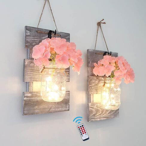 Besuerte Rustic Wall Decor, Wall Hanging Decor Farmhouse Wall Sconces Set of Two with LED Fairy Lights and Pink Flowers, Wall Decor for Dining Room, Living Room, Home Decor(Large,Rustic Gray) in Kuwait
