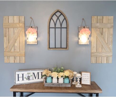 Besuerte Rustic Wall Decor, Wall Hanging Decor Farmhouse Wall Sconces Set of Two with LED Fairy Lights and Pink Flowers, Wall Decor for Dining Room, Living Room, Home Decor(Large,Rustic Gray) in Kuwait