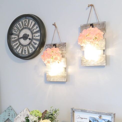 Besuerte Rustic Wall Decor, Wall Hanging Decor Farmhouse Wall Sconces Set of Two with LED Fairy Lights and Pink Flowers, Wall Decor for Dining Room, Living Room, Home Decor(Large,Rustic Gray) in Kuwait