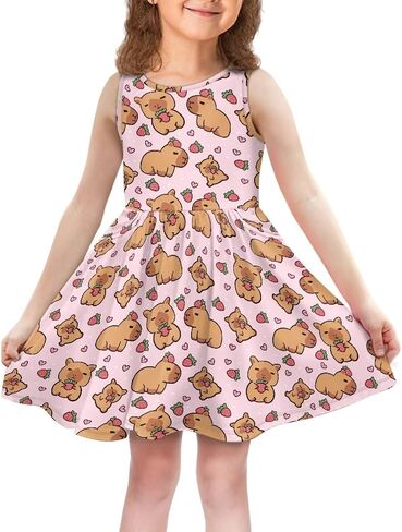 Girls Cute Summer Dresses 2-14Y Kids Mini Party Sun Dress Twirly Skater Dress Sleeveless Dress with Pockets in Kuwait