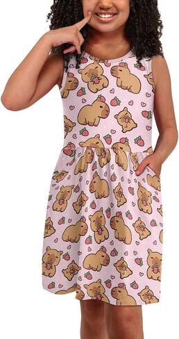 Girls Cute Summer Dresses 2-14Y Kids Mini Party Sun Dress Twirly Skater Dress Sleeveless Dress with Pockets in Kuwait