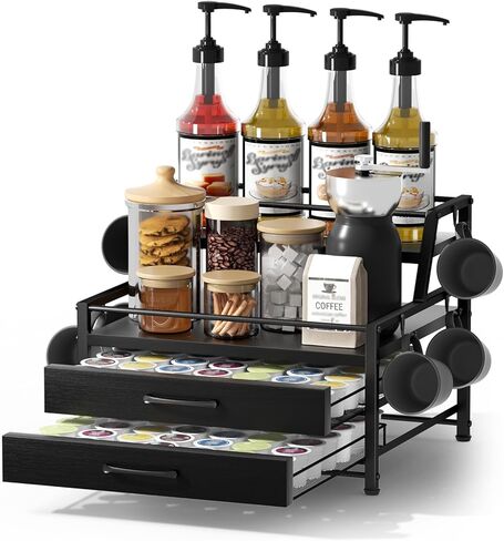 Coffee Syrup Rack Organizer - 4-Tier 8 Syrup Wine Bottles Stand with 82 Storage Drawer for K-Cups, Coffee Pod Holder for Countertop, Bar Station, Kitchen, Black in Kuwait