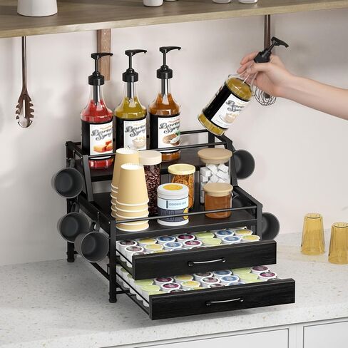 Coffee Syrup Rack Organizer - 4-Tier 8 Syrup Wine Bottles Stand with 82 Storage Drawer for K-Cups, Coffee Pod Holder for Countertop, Bar Station, Kitchen, Black in Kuwait