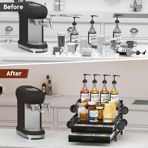 Coffee Syrup Rack Organizer - 4-Tier 8 Syrup Wine Bottles Stand with 82 Storage Drawer for K-Cups, Coffee Pod Holder for Countertop, Bar Station, Kitchen, Black in Kuwait