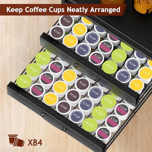 Coffee Syrup Rack Organizer - 4-Tier 8 Syrup Wine Bottles Stand with 82 Storage Drawer for K-Cups, Coffee Pod Holder for Countertop, Bar Station, Kitchen, Black in Kuwait