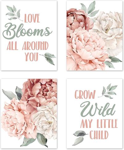 Sweet Jojo Designs Blush Pink, Grey and White Love Peace Joy Bliss Wall Art Prints Room Decor for Baby, Nursery, and Kids for Watercolor Floral Collection - Set of 4 in Saudi Arabia