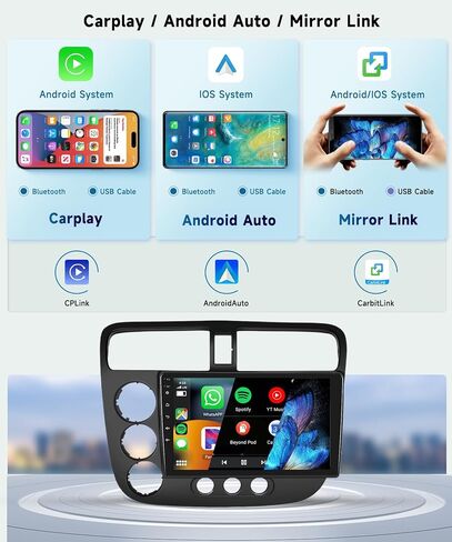 [2G+64G] Car Stereo Radio for Honda Civic 2001 2002 2003 2004 2005 with Wireless CarPlay/Android Auto, 9 inch Android 13 Touch Screen Head Unit, GPS Navi/WiFi/Bluetooth/Mirror Link/Camera in Saudi Arabia