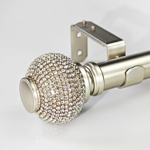 1-1/8 Inch Diameter Brushed Silver Curtain Rod with Rhinestone Finials, 72-144'' Telescoping Single Curtain Rods for window width 68-140 inch, 1 pack in Kuwait