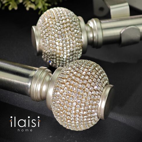 1-1/8 Inch Diameter Brushed Silver Curtain Rod with Rhinestone Finials, 72-144'' Telescoping Single Curtain Rods for window width 68-140 inch, 1 pack in Kuwait