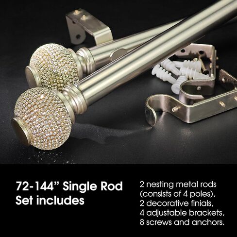 1-1/8 Inch Diameter Brushed Silver Curtain Rod with Rhinestone Finials, 72-144'' Telescoping Single Curtain Rods for window width 68-140 inch, 1 pack in Kuwait