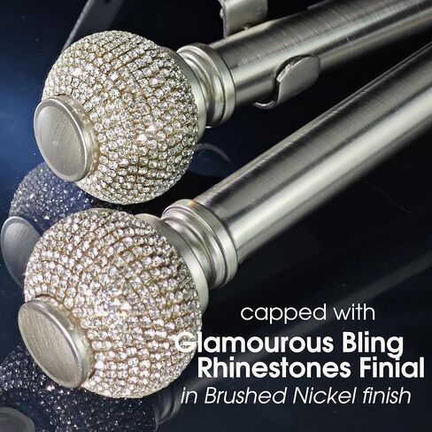 1-1/8 Inch Diameter Brushed Silver Curtain Rod with Rhinestone Finials, 72-144'' Telescoping Single Curtain Rods for window width 68-140 inch, 1 pack in Kuwait