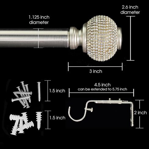 1-1/8 Inch Diameter Brushed Silver Curtain Rod with Rhinestone Finials, 72-144'' Telescoping Single Curtain Rods for window width 68-140 inch, 1 pack in Kuwait