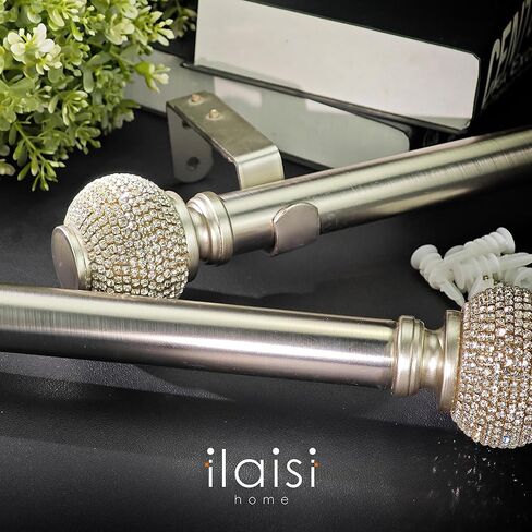 1-1/8 Inch Diameter Brushed Silver Curtain Rod with Rhinestone Finials, 72-144'' Telescoping Single Curtain Rods for window width 68-140 inch, 1 pack in Kuwait