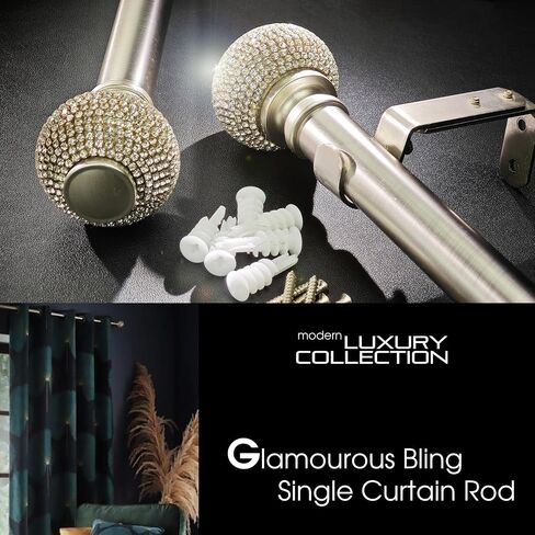 1-1/8 Inch Diameter Brushed Silver Curtain Rod with Rhinestone Finials, 72-144'' Telescoping Single Curtain Rods for window width 68-140 inch, 1 pack in Kuwait
