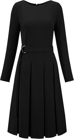Women's Pleated Dress A Line Tie Waist Business Casual Long Sleeve Dresses in Saudi Arabia