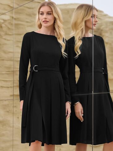 Women's Pleated Dress A Line Tie Waist Business Casual Long Sleeve Dresses in Saudi Arabia