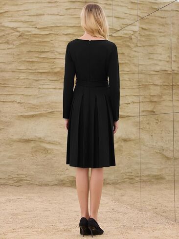 Women's Pleated Dress A Line Tie Waist Business Casual Long Sleeve Dresses in Saudi Arabia