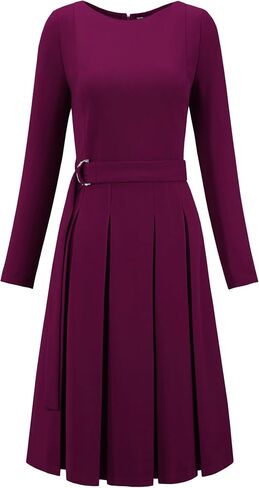 Women's Pleated Dress A Line Tie Waist Business Casual Long Sleeve Dresses in Saudi Arabia