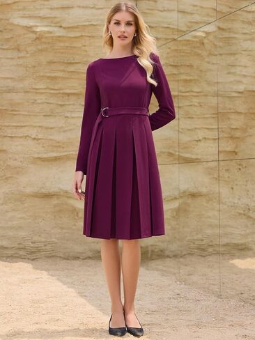 Women's Pleated Dress A Line Tie Waist Business Casual Long Sleeve Dresses in Saudi Arabia
