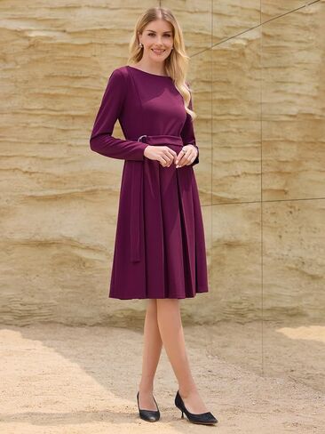 Women's Pleated Dress A Line Tie Waist Business Casual Long Sleeve Dresses in Saudi Arabia