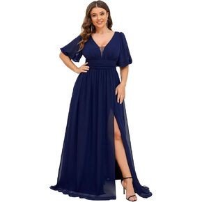Ever-Pretty Plus Womens V-Neck Puffy Sleeves Empire Waist Ruched Bust A-Line Slit Maxi Plus Size Formal Dress in Saudi Arabia