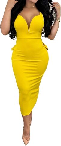Yuopeid Women Solid Color Hip Wrap Skirt Backless Deep V Neck Bow Elastic Sexy Bodycon Split Dress in Saudi Arabia