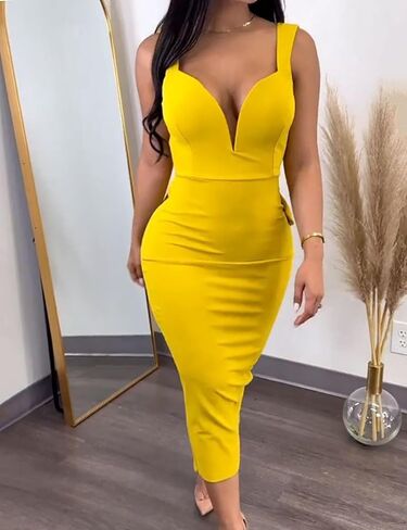 Yuopeid Women Solid Color Hip Wrap Skirt Backless Deep V Neck Bow Elastic Sexy Bodycon Split Dress in Saudi Arabia
