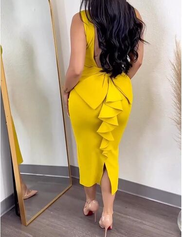 Yuopeid Women Solid Color Hip Wrap Skirt Backless Deep V Neck Bow Elastic Sexy Bodycon Split Dress in Saudi Arabia