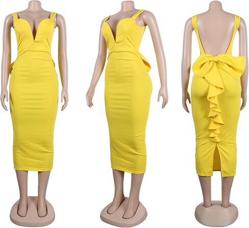 Yuopeid Women Solid Color Hip Wrap Skirt Backless Deep V Neck Bow Elastic Sexy Bodycon Split Dress in Saudi Arabia