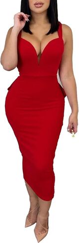 Yuopeid Women Solid Color Hip Wrap Skirt Backless Deep V Neck Bow Elastic Sexy Bodycon Split Dress in Saudi Arabia