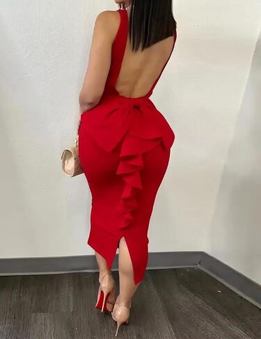 Yuopeid Women Solid Color Hip Wrap Skirt Backless Deep V Neck Bow Elastic Sexy Bodycon Split Dress in Saudi Arabia