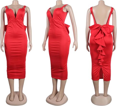 Yuopeid Women Solid Color Hip Wrap Skirt Backless Deep V Neck Bow Elastic Sexy Bodycon Split Dress in Saudi Arabia