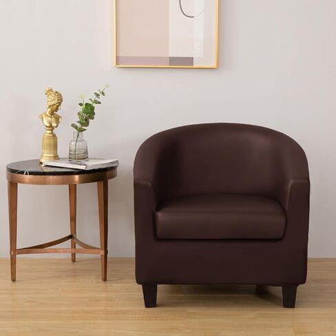 Stretchable Club Chair Slipcover 2 Pieces, PU Leather Round Barrel Chair Cover with Cushion Cover, Water Resistant Oilproof Couch Cover for Cats Dogs Kids-Coffee in Saudi Arabia