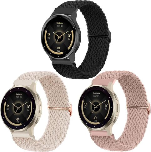 ViCRiOR 3 عبوات من أحزمة الساعة المصنوعة من النايلون المضفر والمطاط متوافقة مع Garmin Venu 2S/ Venu 3S/ Vivoactive 4S/ Vivomove 3S، حزام حلقة منفرد مرن 18 مم لـ Garmin Forerunner 265S/255S/255S Music Women Men in Saudi Arabia