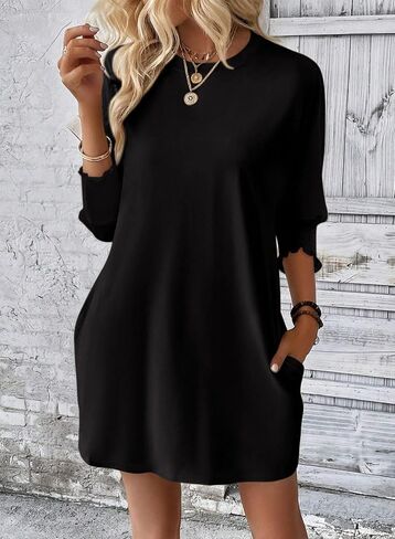 Dokotoo Womens Dresses 2025 Spring 3/4 Sleeve Fashion Dresses Crewneck Casual Mini Dress with Pockets S-XL in Kuwait