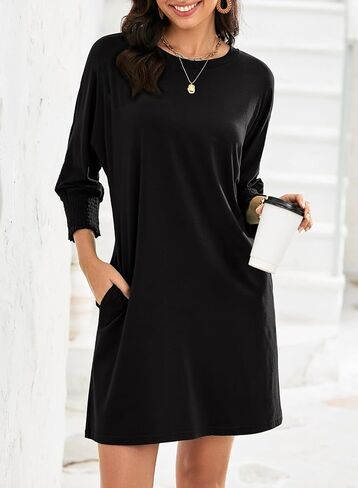 Dokotoo Womens Dresses 2025 Spring 3/4 Sleeve Fashion Dresses Crewneck Casual Mini Dress with Pockets S-XL in Kuwait