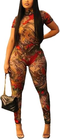 Summer Sexy Jumpsuits for Women Print Short Sleeve Back Hollow Out Bodycon Jumpsuit Mesh Club Outfits Trendy in Saudi Arabia