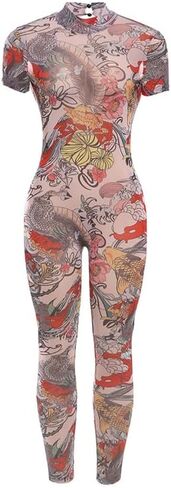 Summer Sexy Jumpsuits for Women Print Short Sleeve Back Hollow Out Bodycon Jumpsuit Mesh Club Outfits Trendy in Saudi Arabia