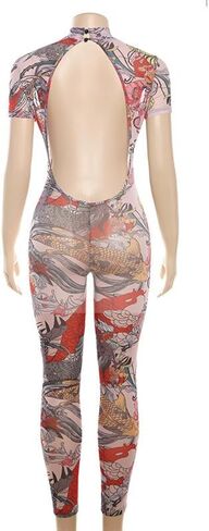 Summer Sexy Jumpsuits for Women Print Short Sleeve Back Hollow Out Bodycon Jumpsuit Mesh Club Outfits Trendy in Saudi Arabia