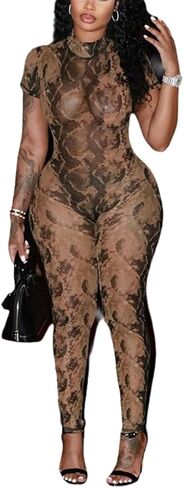 Summer Sexy Jumpsuits for Women Print Short Sleeve Back Hollow Out Bodycon Jumpsuit Mesh Club Outfits Trendy in Saudi Arabia