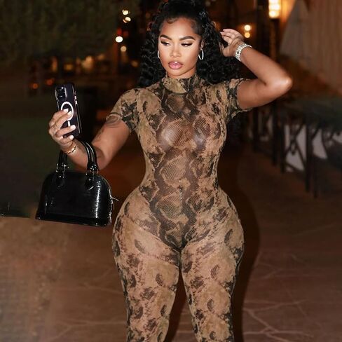 Summer Sexy Jumpsuits for Women Print Short Sleeve Back Hollow Out Bodycon Jumpsuit Mesh Club Outfits Trendy in Saudi Arabia