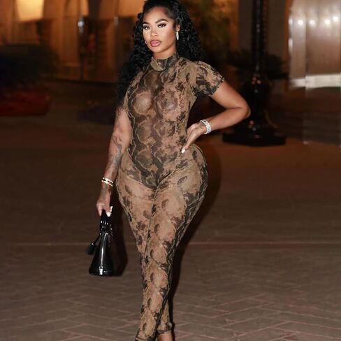 Summer Sexy Jumpsuits for Women Print Short Sleeve Back Hollow Out Bodycon Jumpsuit Mesh Club Outfits Trendy in Saudi Arabia