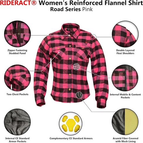 Women Motorcycle Flannel Shirt Road Series Pink & Black Motorbike Jacket Riding Gear Shirt with CE Armors in Saudi Arabia