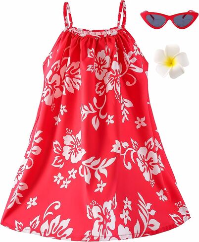 Hawaiian Girls Red Dress Costume,Sunglasses,Flower Hair Clip,Princess Sundress for Girls Halloween Cosplay Beach Party Outfit in Saudi Arabia