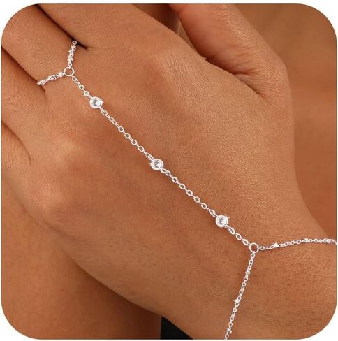 Hand Chain Bracelet for Women,Dainty 14K Gold/Silver Plated Finger Ring Chain Bracelet Cubic Zirconia Satellite Beads Hand Jewelry Body Trendy Jewelry Waterproof Gifts for Her in Kuwait