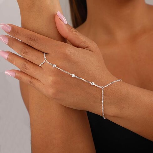 Hand Chain Bracelet for Women,Dainty 14K Gold/Silver Plated Finger Ring Chain Bracelet Cubic Zirconia Satellite Beads Hand Jewelry Body Trendy Jewelry Waterproof Gifts for Her in Kuwait