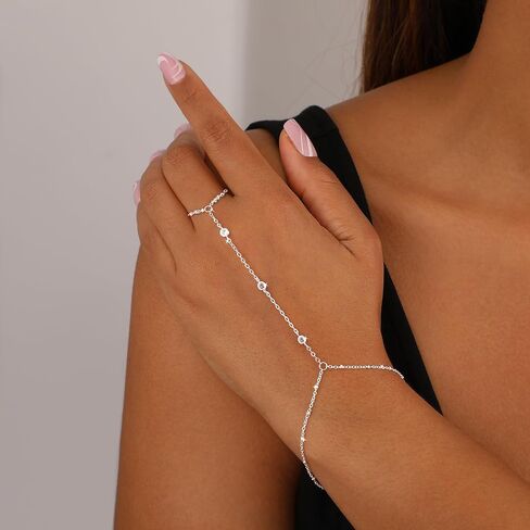 Hand Chain Bracelet for Women,Dainty 14K Gold/Silver Plated Finger Ring Chain Bracelet Cubic Zirconia Satellite Beads Hand Jewelry Body Trendy Jewelry Waterproof Gifts for Her in Kuwait