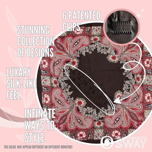 Sway براءة اختراع 6 -Clip Nonlip Nonsbleds للنساء - 35 بوصة كبيرة - حرير أزياء فاخر لطيف مثل Satin Boho Bandana Head وشاح يمكن تصميم in Saudi Arabia